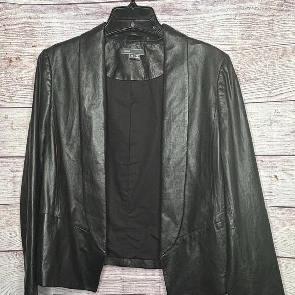 Vince. Women's Black 100% Leather Shawl Collar Tuxedo Open Front Jacket Size 10 - Picture 4 of 12